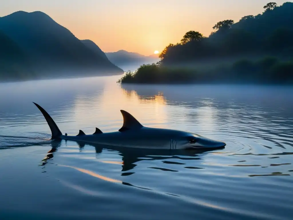Majestuoso pez chino paddlefish nadando al atardecer Misterioso pez espátula chino nada en río sereno al anochecer, capturando su enigmática belleza