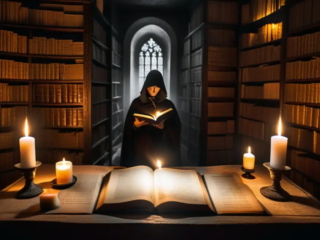 Figura misteriosa entre antiguos tomos y velas en penumbra Un misterioso ritual en una habitación oscura llena de libros antiguos y velas, con una figura en sombras explorando un libro con símbolos
