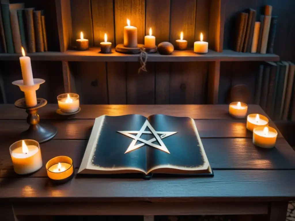 Escena misteriosa con velas y pentagrama Un misterioso ritual paranormal en una habitación iluminada por velas, con un pentagrama en el suelo y un libro antiguo abierto en una mesa de madera