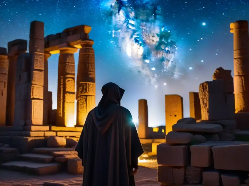 Misterioso ser en ruinas ancestrales bajo el cielo estrellado Un misterioso ser entre ruinas antiguas bajo un cielo estrellado, emanando energía paranormal
