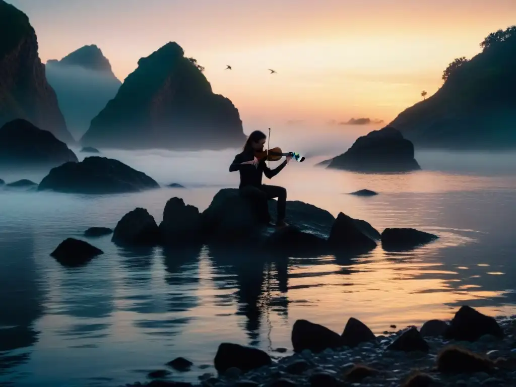 Sirena tocando violín en la costa al anochecer Un misterioso ser toca melodías hipnóticas en la costa, cautivando a criaturas etéreas