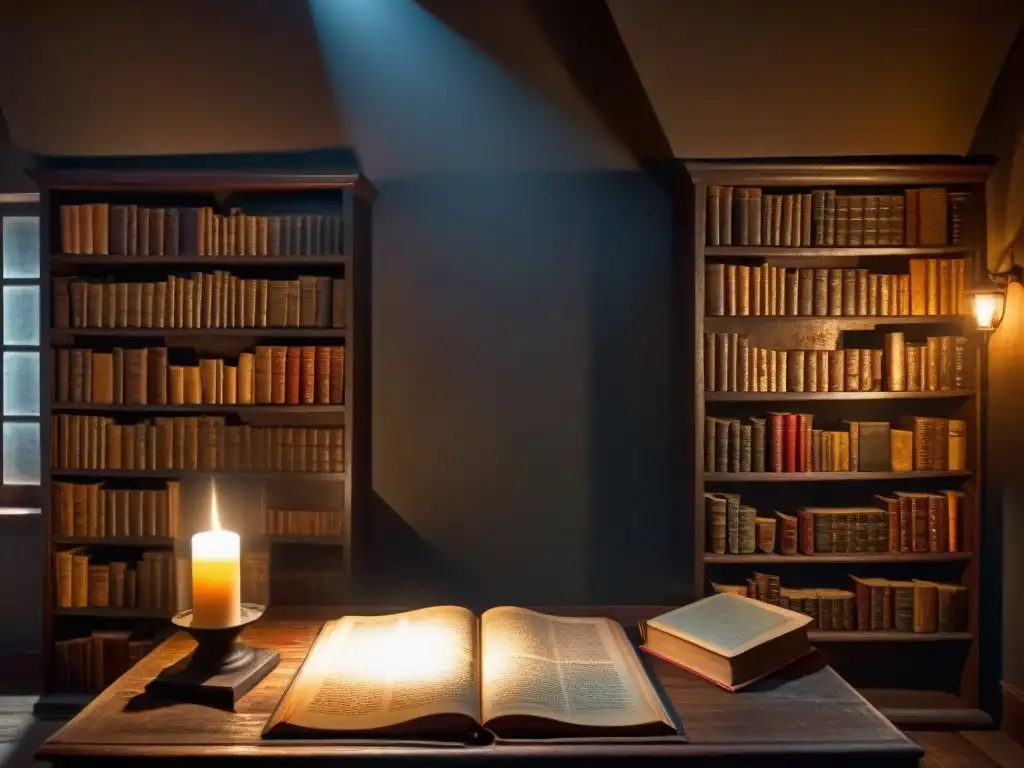 Misterioso estudio de investigación paranormal Un misterioso taller de investigación paranormal con libros antiguos, velas titilantes y mapas con símbolos crípticos iluminados por un rayo de luz