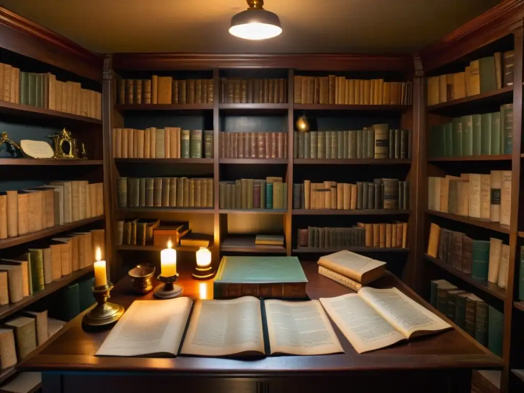 Misterios sobrenaturales en una biblioteca encantada Un misterioso taller de investigación paranormal con libros antiguos y velas, revelando secretos ocultos