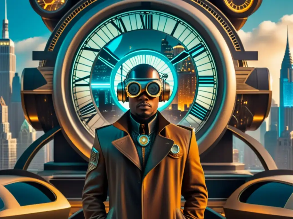 Viajero del Tiempo: Misterio en el Futuro Un misterioso viajero del tiempo John Titor frente a una máquina vintage futurista