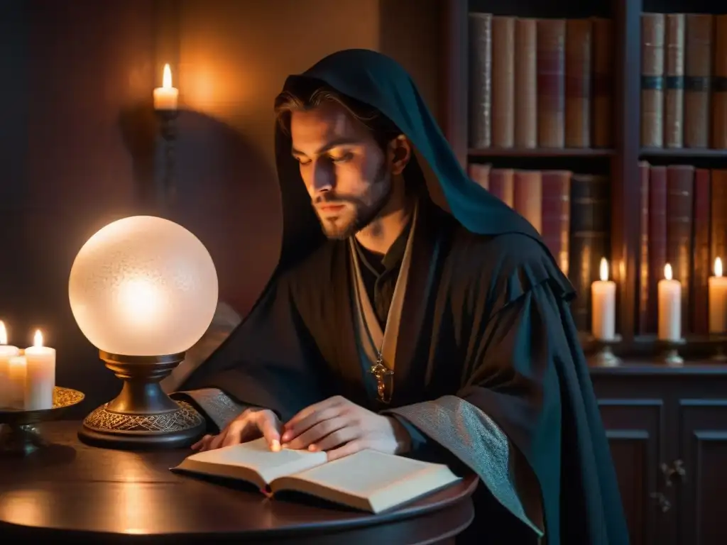 Figura misteriosa en cuarto oscuro con velas y bola de cristal Un misterioso vidente en una sala llena de velas y una bola de cristal, evocando los misterios de la clarividencia reales