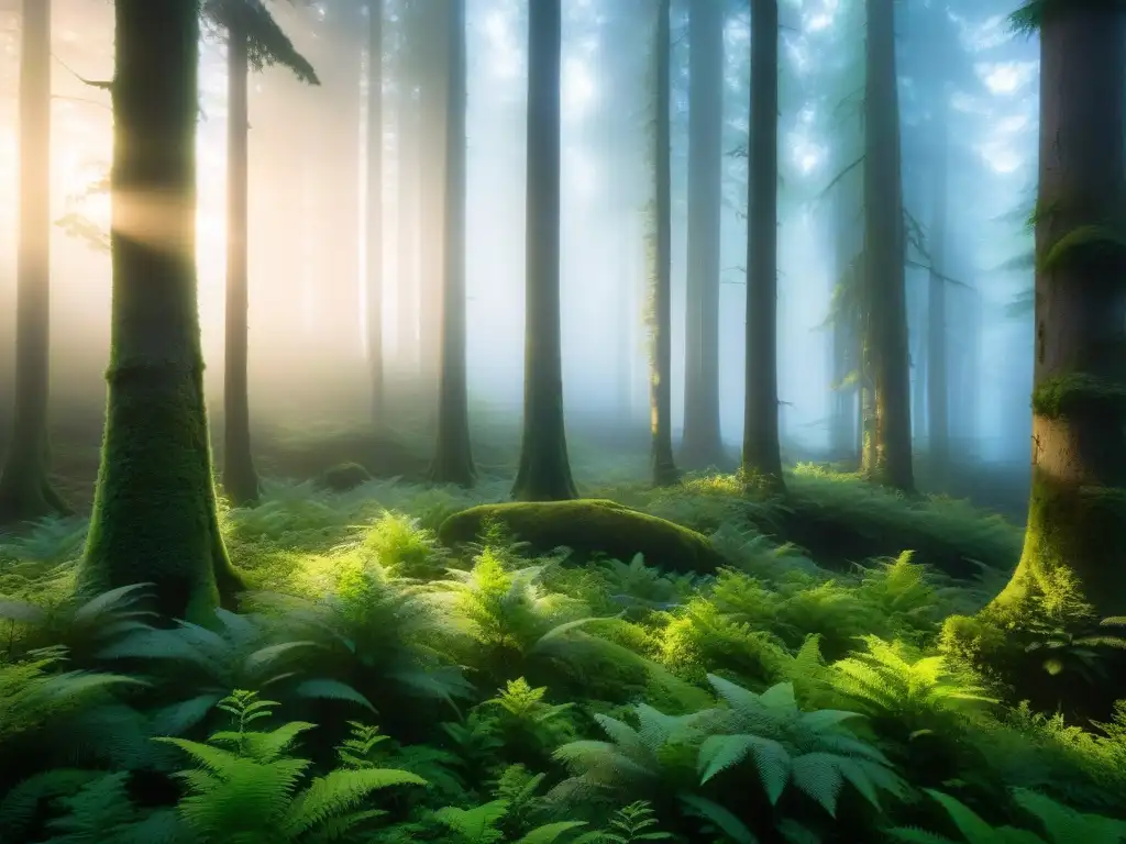 Los misteriosos bosques encantados: un bosque cubierto de niebla al amanecer, árboles antiguos y misterio en cada rincón