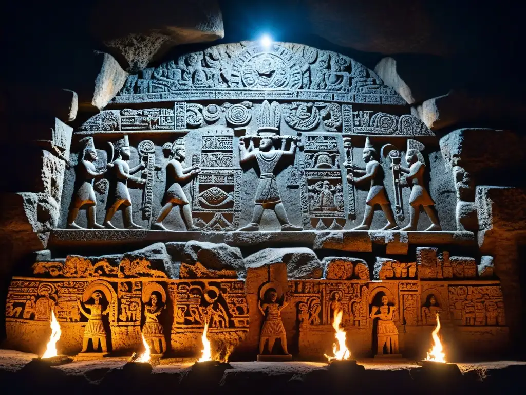 Misteriosos rituales bajo la Luna: grabado de sacerdotes mayas en un ritual, rodeados de antorchas