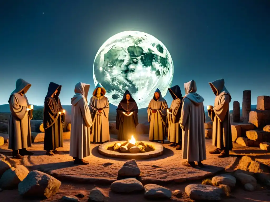 Misteriosos rituales bajo la Luna en ruinas antiguas con símbolos, figuras encapuchadas en círculo con velas