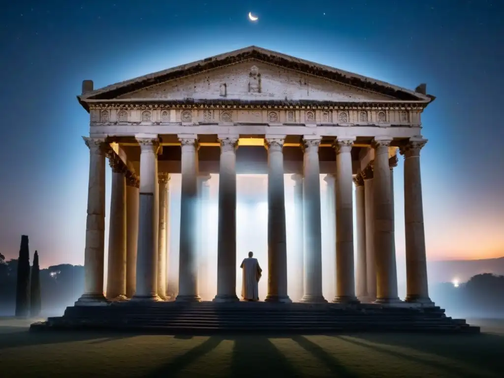 Misteriosos rituales bajo la luna en un templo romano antiguo, envuelto en neblina y misterio