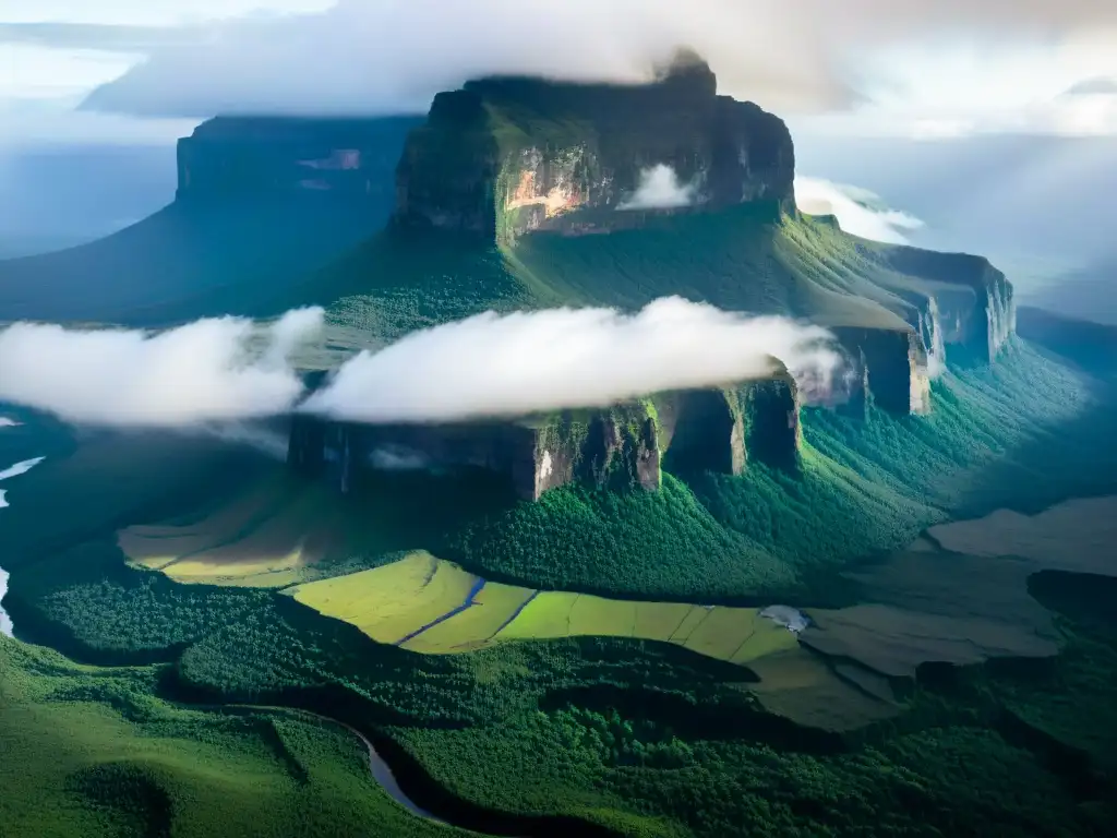 Majestuoso Monte Roraima: misterio y belleza en la cima La mística cima del Monte Roraima envuelta en niebla y exuberante vegetación, inspirando misterios y leyendas