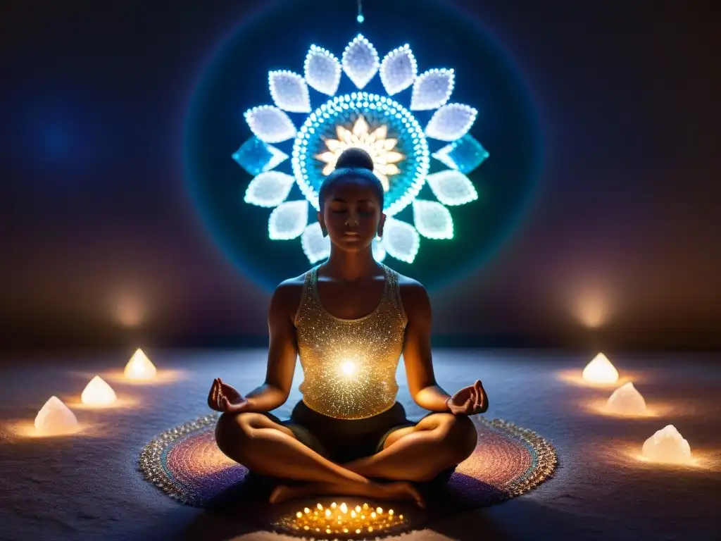 Mediación entre cristales: conexión espiritual y paz interior Meditación en habitación mística con cristales brillantes