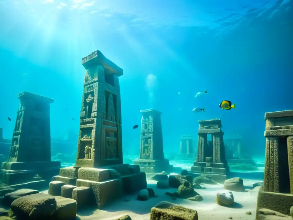 Ruinas ancestrales de Heracleion: ciudad sumergida Descubre la mística Atlántida Egipto Ciudad Perdida Heracleion sumergida bajo el mar, con antiguos pilares, estatuas y peces vibrantes