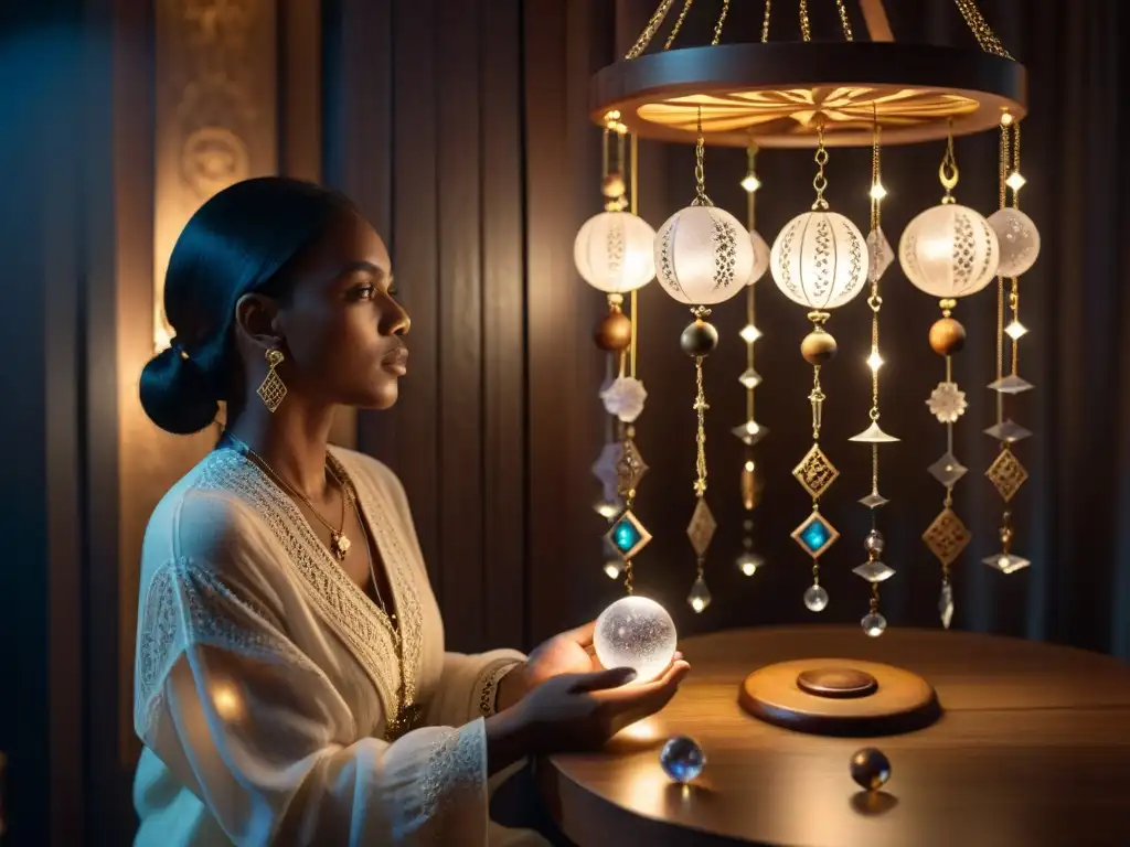 Misteriosa sesión de adivinación con pendulums y símbolos esotéricos Un místico escenario: una persona sostiene un péndulo sobre símbolos esotéricos en una habitación iluminada por velas