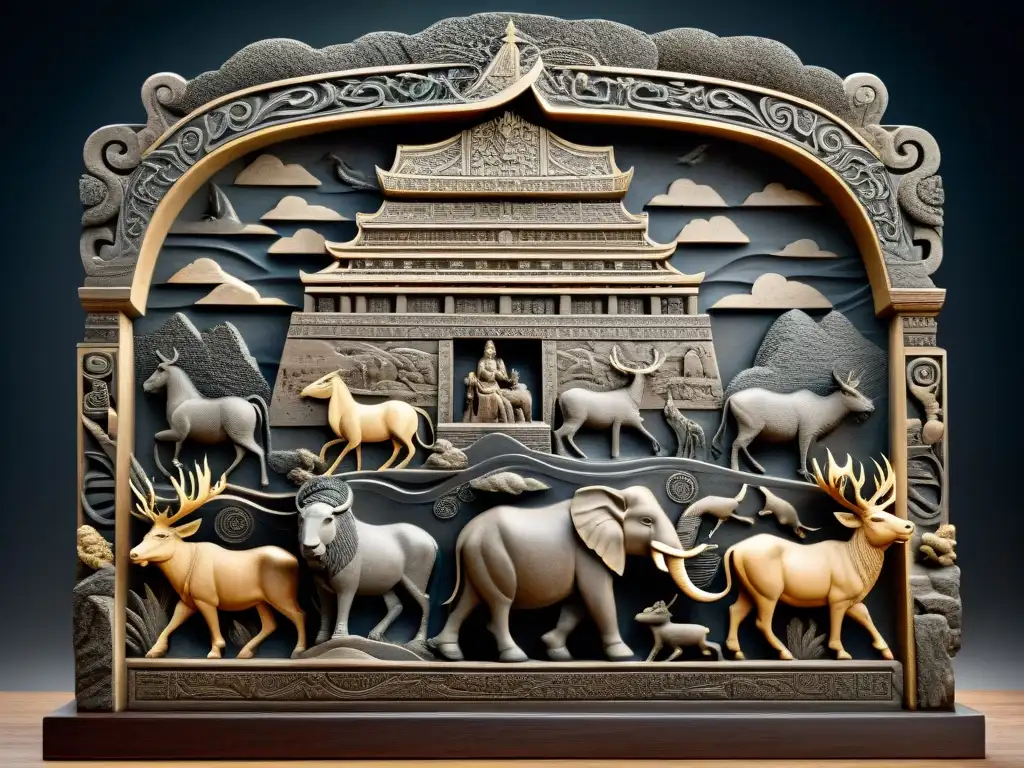 Mitos Diluvio Universal Paralelismos: Antiguo relieve de la inundación bíblica con el arca, animales y humanos en montañas