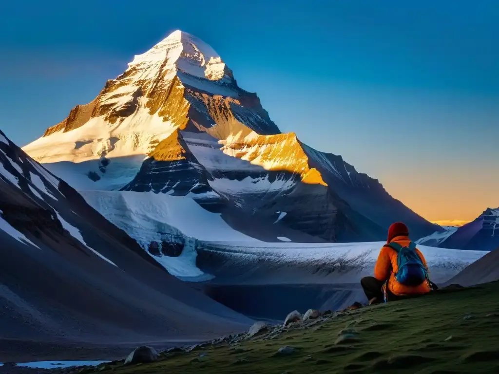 Monte Kailash al amanecer: peregrino y misterio Monte Kailash sagrado: peregrino con banderas de oración, misteriosa luz del amanecer y nieves eternas