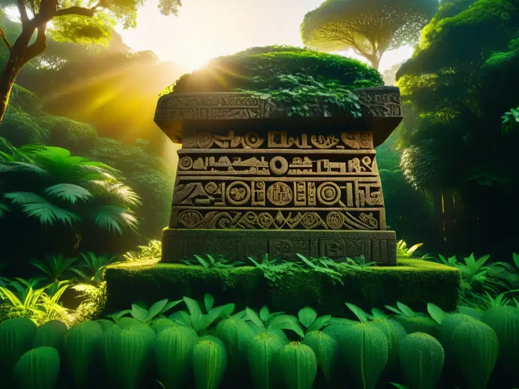 Monumento ancestral iluminado por el sol en la selva Monumento de piedra tallado en la jungla, iluminado por un rayo dorado, evocando la adquisición instantánea de idiomas