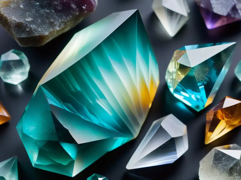 Armonía cristalina: energía y belleza en cristales curativos Un mosaico de cristales curativos en un patrón armonioso y cautivador, iluminado por reflejos prismáticos