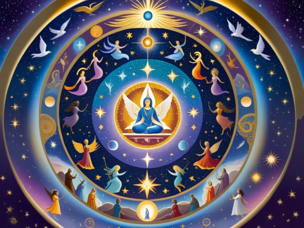 Un mosaico intrincado de seres celestiales rodeados de luz, con símbolos antiguos y criaturas místicas en un ambiente de misterio