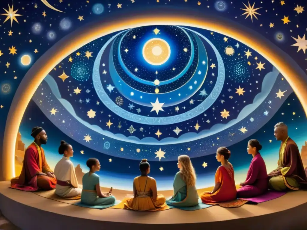 Mural antiguo detallado con personas de varias culturas en proyección astral: viajes del alma