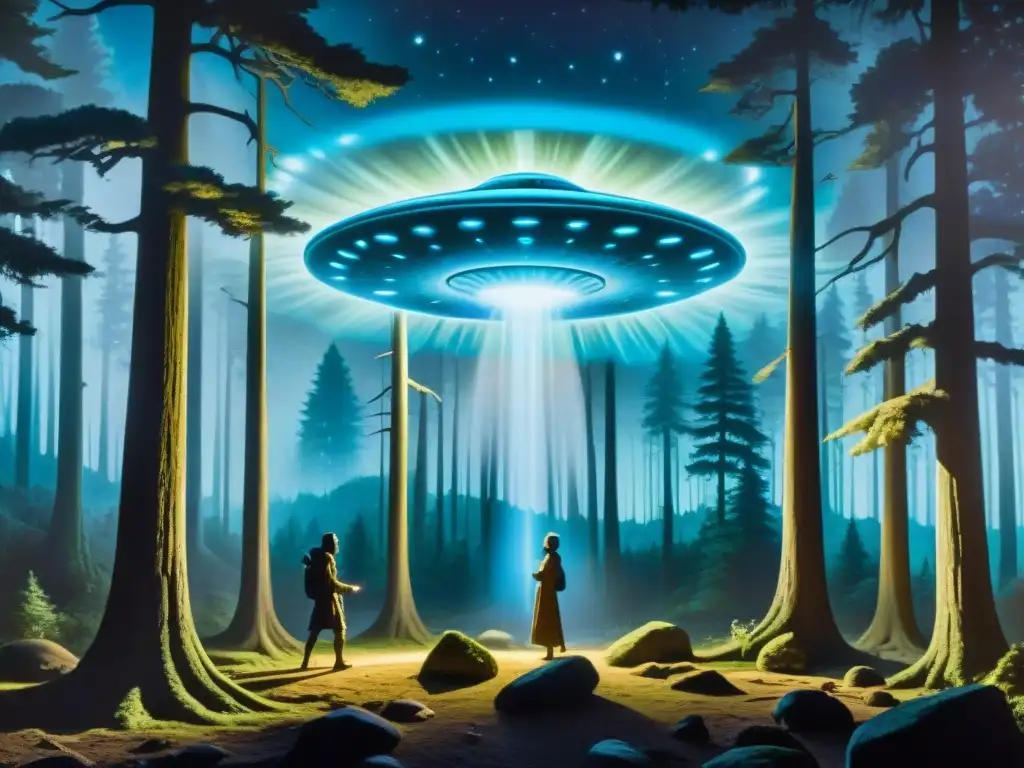 Un mural intrincado de un OVNI sobre un bosque místico, con figuras encapuchadas en un ritual