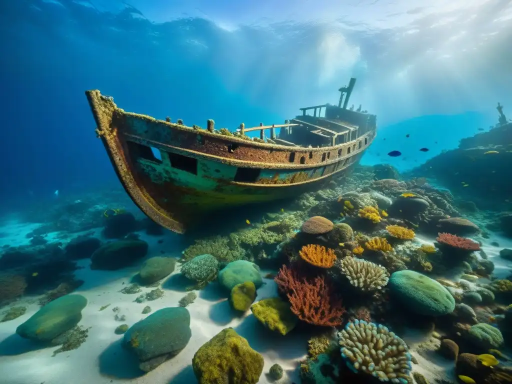 Naufragio fenicio en misterioso mar sin explorar Naufragio fenicio en mares desconocidos, cubierto de algas y peces coloridos
