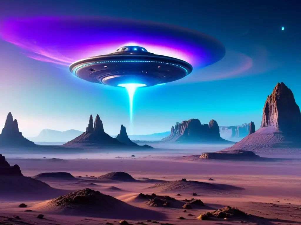 Una nave espacial futurista y misteriosa flota silenciosamente sobre un paisaje alienígena desolado