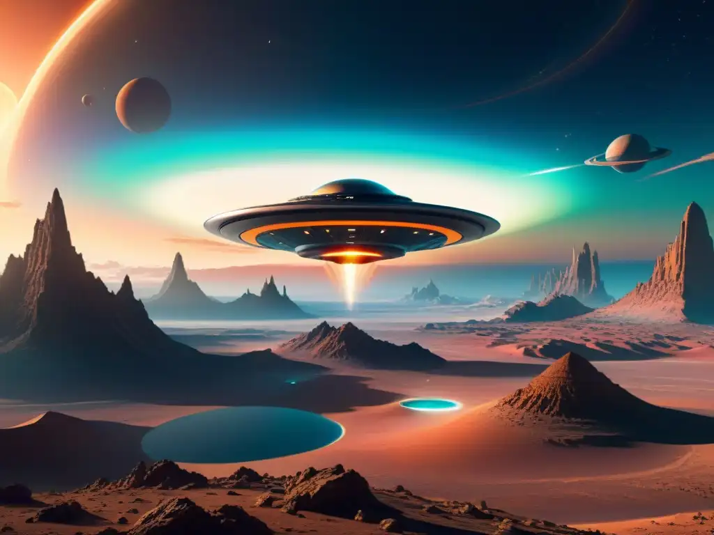 Una nave espacial futurista surca un paisaje alienígena, creando una conexión extraterrestre ciencia ficción