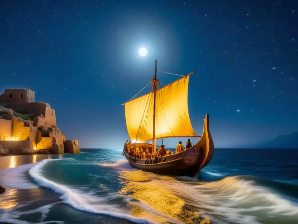 Barco mercante fenicio navegando bajo la noche estrellada Nave fenicia en mares desconocidos, tripulación iluminada por la luna, ruinas antiguas en la costa