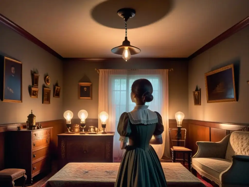 Inquietante escena sobrenatural: niña victoriana en habitación misteriosa Una niña en ropa victoriana interactúa con entidades sobrenaturales en una habitación lúgubre