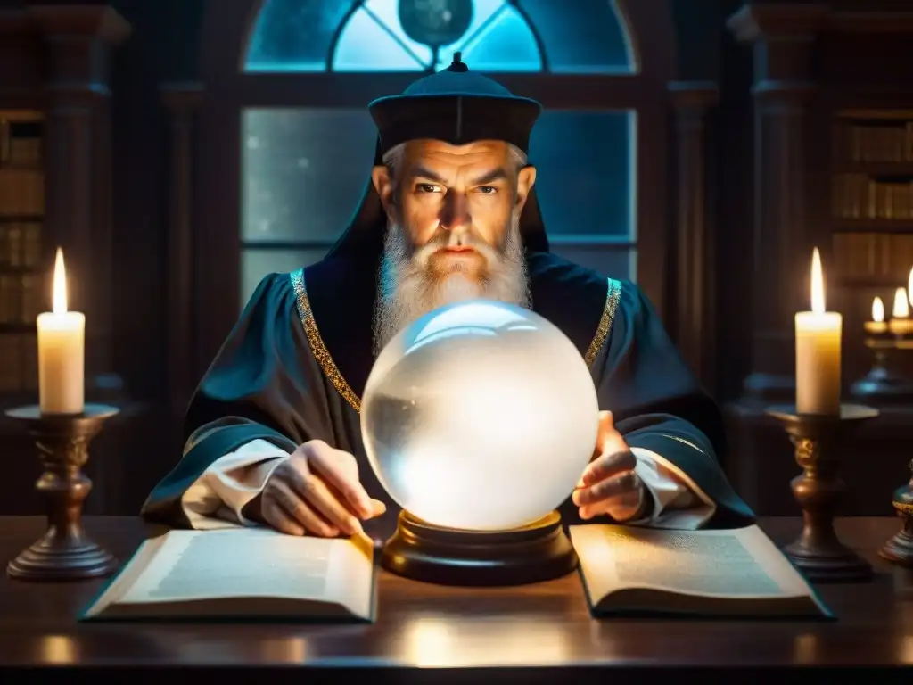 Nostradamus en su estudio iluminado por una luz tenue, rodeado de tomos antiguos y pergaminos, concentrado en una bola de cristal con profecías