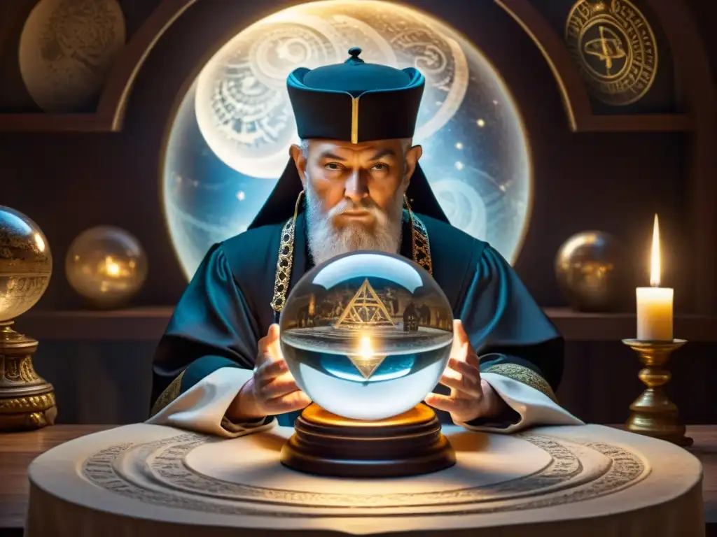 Nostradamus inmerso en misterios antiguos y profecías reveladas, con símbolos místicos y sombras ominosas de fondo