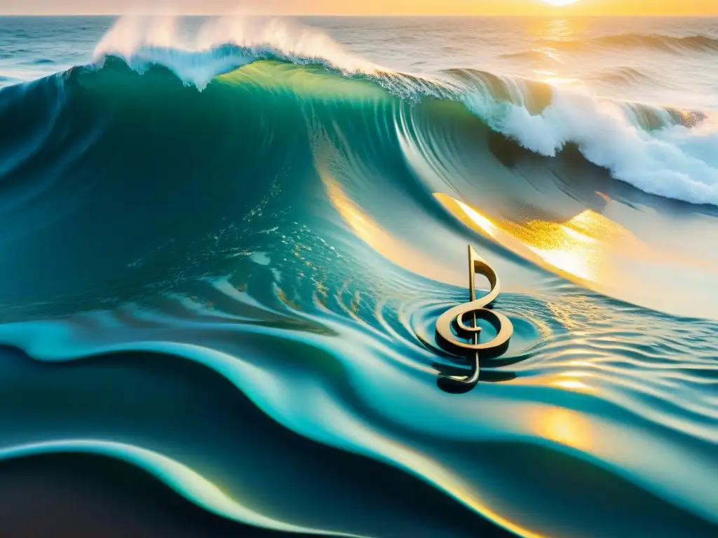 Melodías de sirenas: notas musicales danzan sobre las olas Notas musicales entrelazadas con olas hipnóticas en un paisaje de misterio sirenas melodías hipnóticas