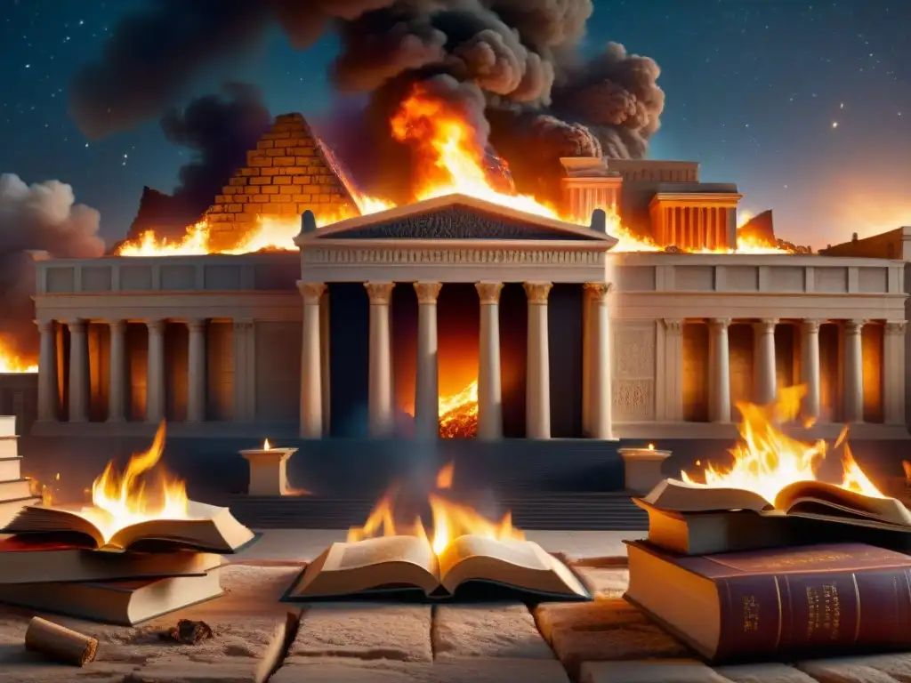 Origen incendio Biblioteca Alejandría: Antigua biblioteca en llamas, caos y destrucción en la noche