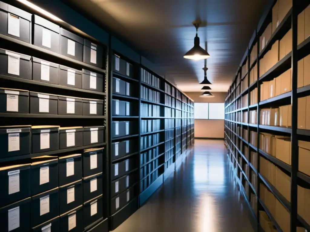 Archivo secreto: Documentos OVNI clasificados Un oscuro archivo gubernamental repleto de estantes de cajas polvorientas etiquetadas como 'Documentos oficiales ovnis desclasificados'