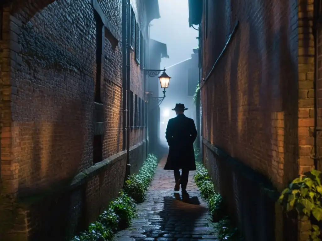 Alleyway misterioso: sombras, niebla y misterio nocturno Un oscuro callejón nocturno con sombras y una figura misteriosa desapareciendo en la oscuridad