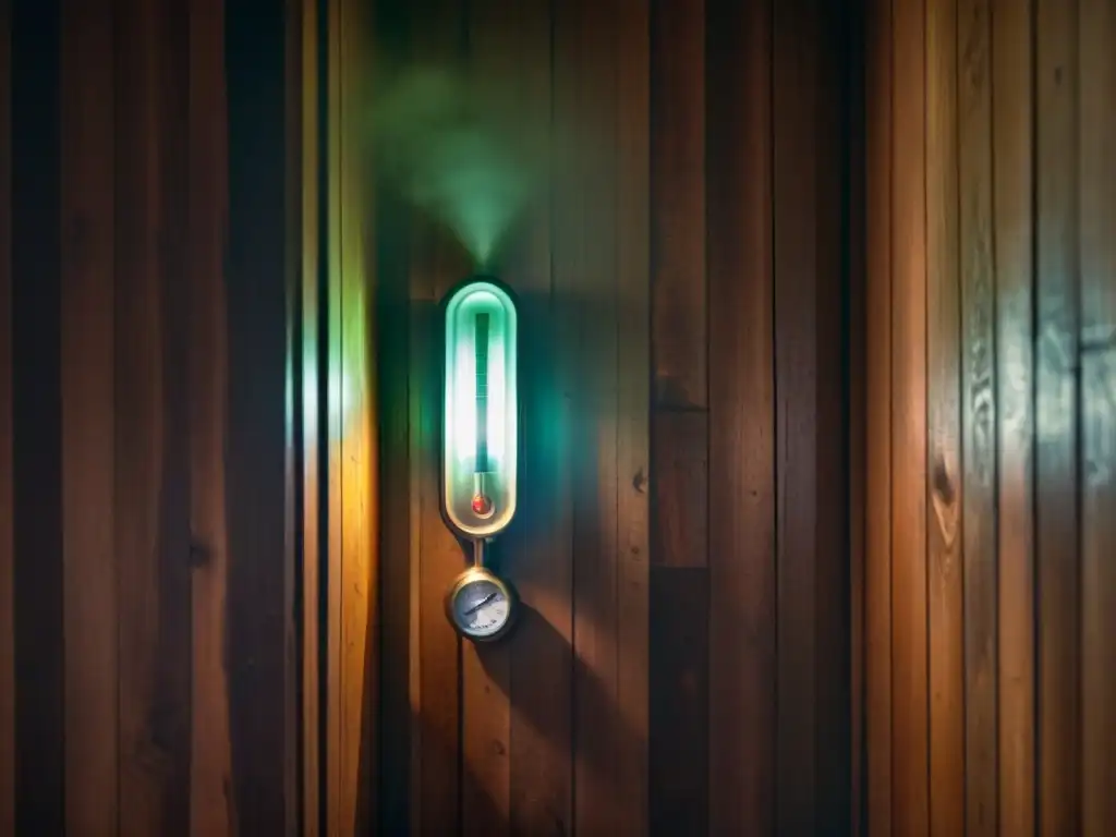 Misterio térmico en habitación sombría Un oscuro y misterioso ambiente con un termómetro analógico vintage brillando en la pared