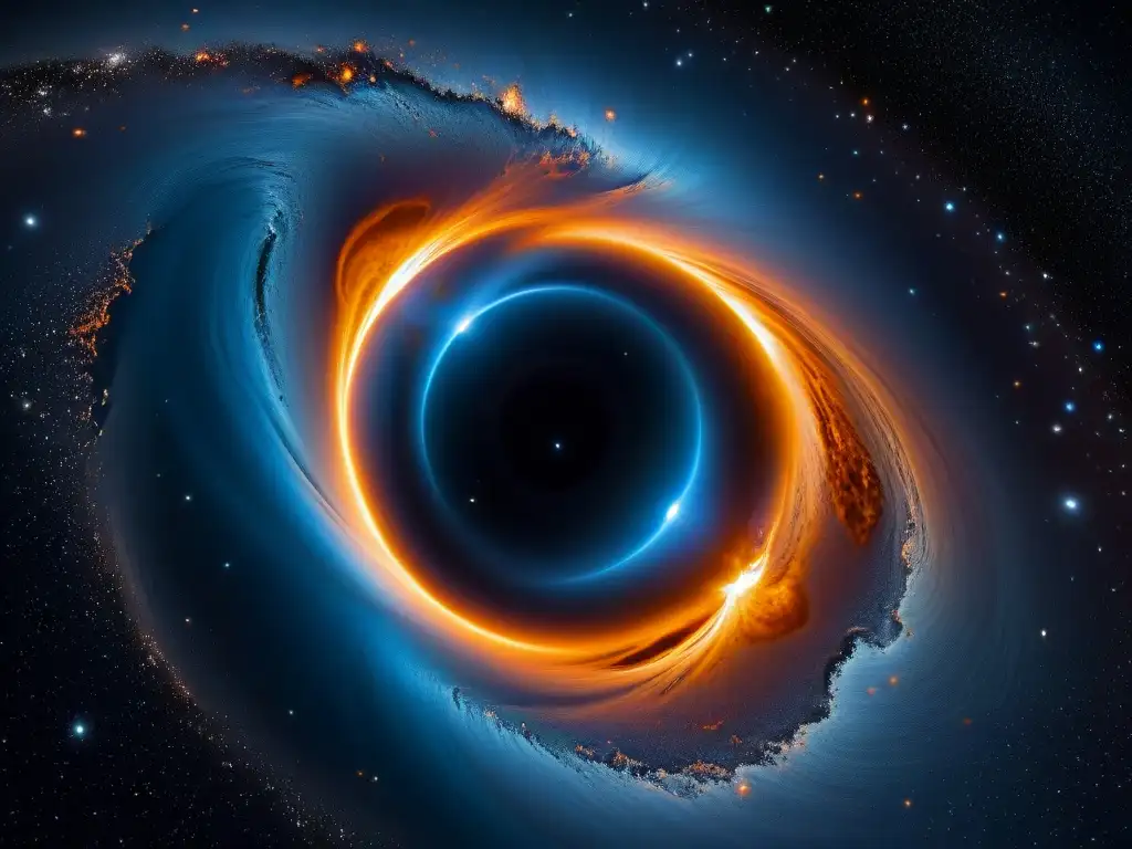 Abismo cósmico: agujeros negros y anomalías intergalácticas Un oscuro y misterioso espacio lleno de anomalías cósmicas, con un agujero negro masivo en el centro y extraña luz