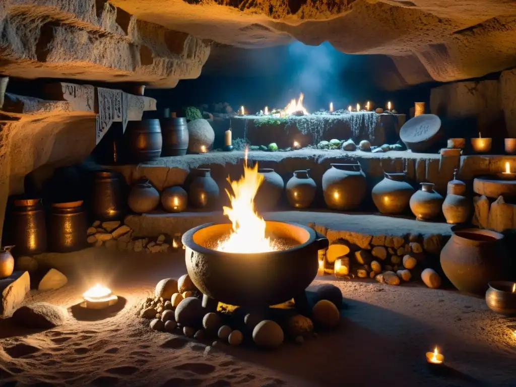 Interior místico de la Cueva de Zugarramurdi: rituales y símbolos antiguos Un oscuro rincón de la Cueva de Zugarramurdi, con paredes de piedra cubiertas de símbolos antiguos y sombras misteriosas iluminadas por velas titilantes