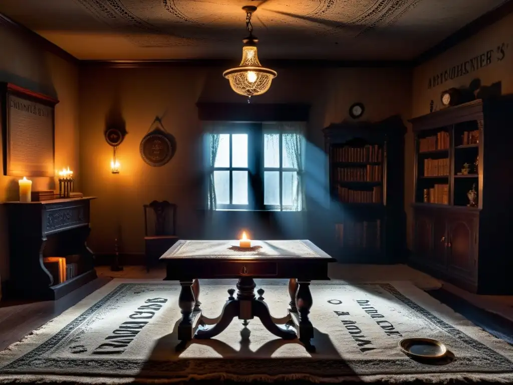 Misteriosa habitación con tablero Ouija iluminado por vela Un oscuro salón con muebles antiguos cubiertos de polvo, telarañas en el techo y una vela titilante iluminando una gastada tabla de Ouija en el centro
