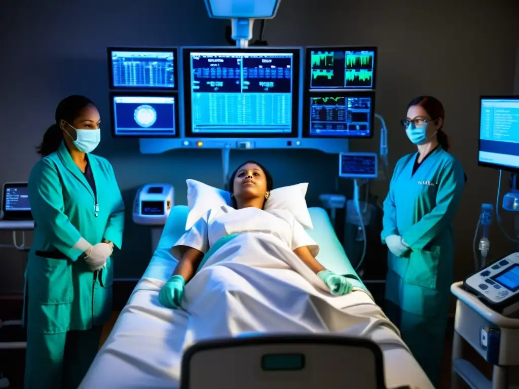 Un paciente en la cama de hospital rodeado de médicos y enfermeras, monitores vitales y una atmósfera de tensión y urgencia