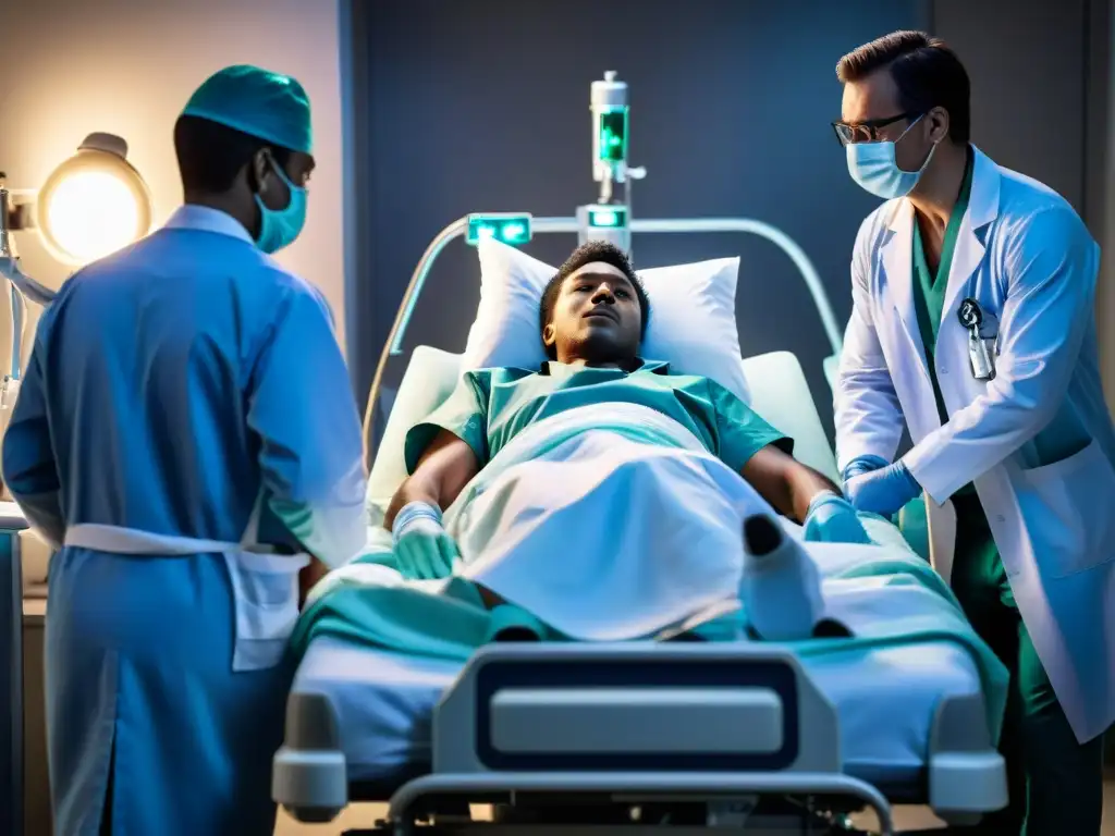 Un paciente inconsciente en la cama del hospital, rodeado de médicos en una emergencia médica intensa