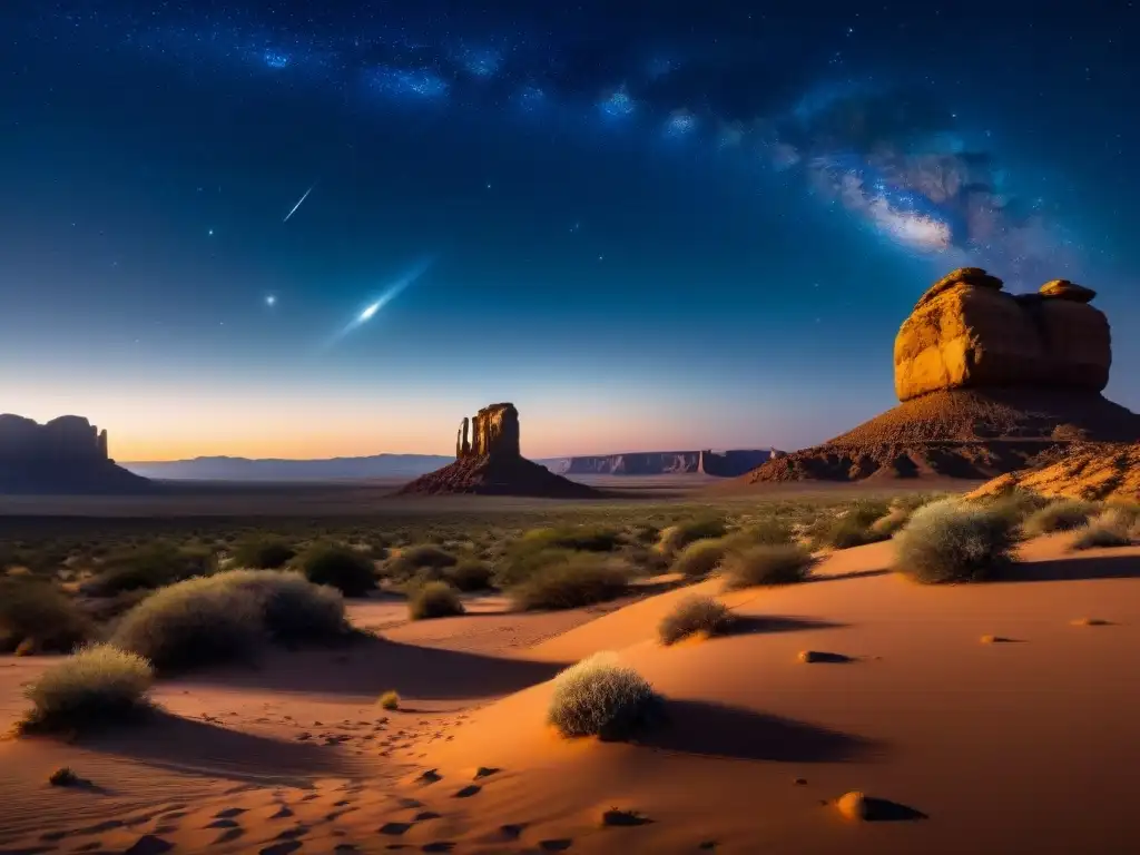 Un paisaje desértico remoto con formaciones rocosas, un objeto misterioso brillando en la distancia y un cielo estrellado
