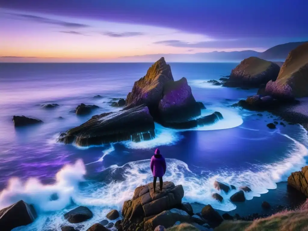 Costa rocosa en la niebla: sirenas al atardecer Un paisaje misterioso de sirenas emergiendo del mar al anochecer, con melodías hipnóticas