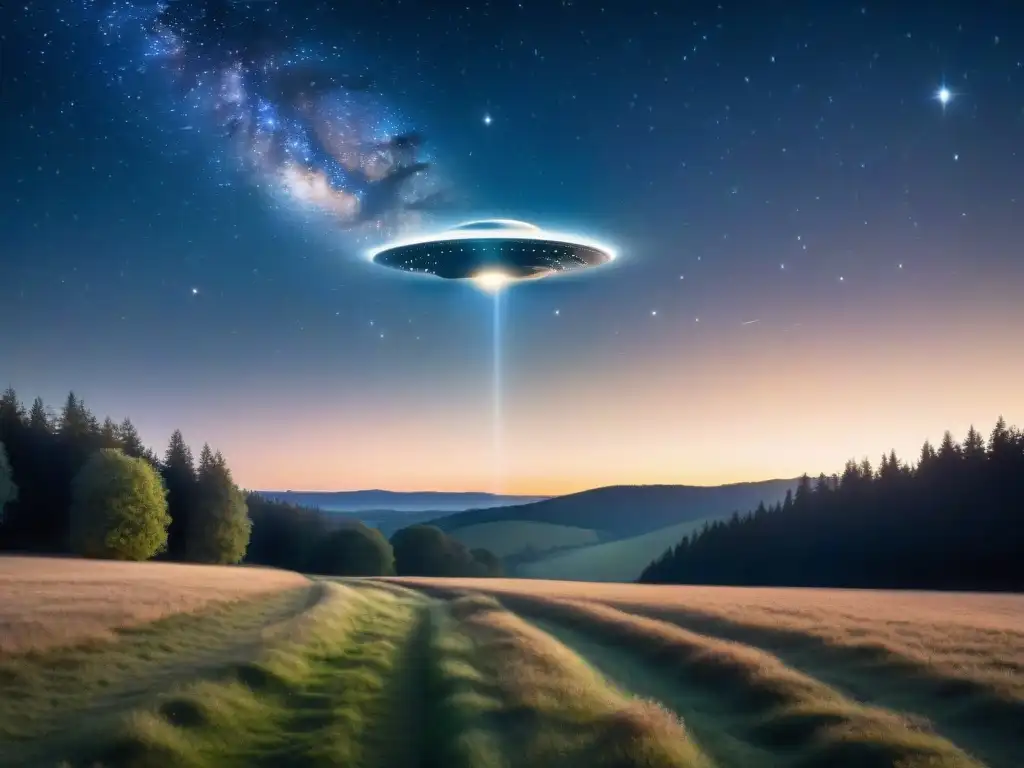 Un paisaje nocturno estrellado con una luz misteriosa proveniente de un OVNI, señales extraterrestres ignoradas civilizaciones