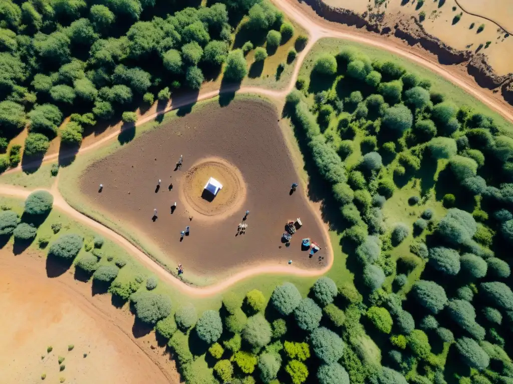 Excavación arqueológica en paisaje remoto Un paisaje remoto capturado por un dron muestra arqueólogos excavando