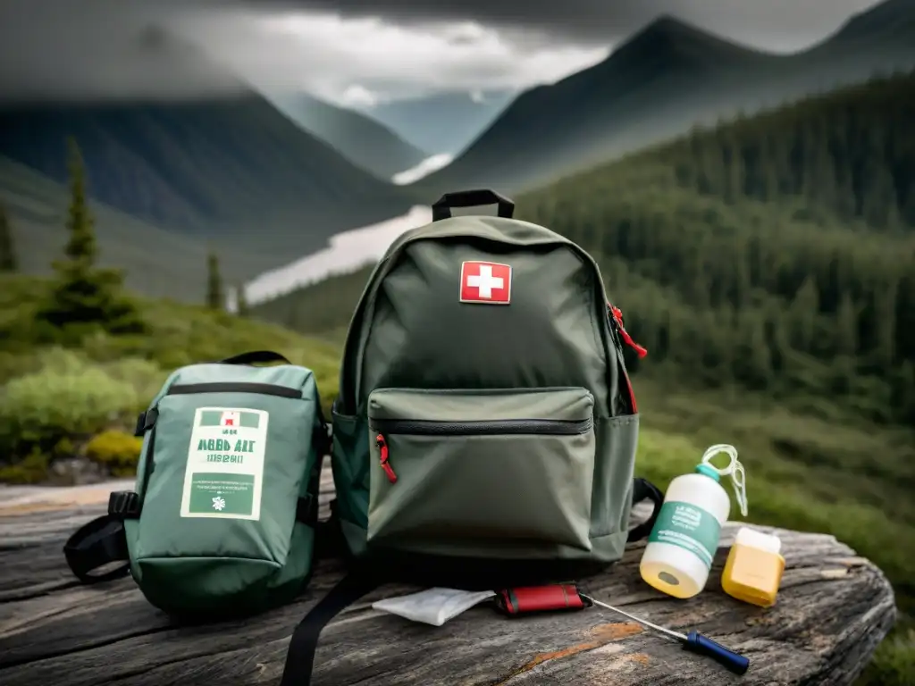 Preparación en la naturaleza: kit de primeros auxilios en paisaje salvaje Un paisaje salvaje en terrenos desconocidos: un botiquín de primeros auxilios se desborda de suministros de emergencia