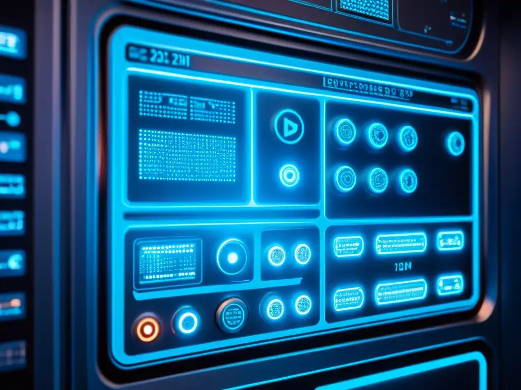 Panel futurista: tecnología avanzada en el espacio Panel futurista de nave espacial iluminado en azul, con botones parpadeantes y pantallas digitales misteriosas
