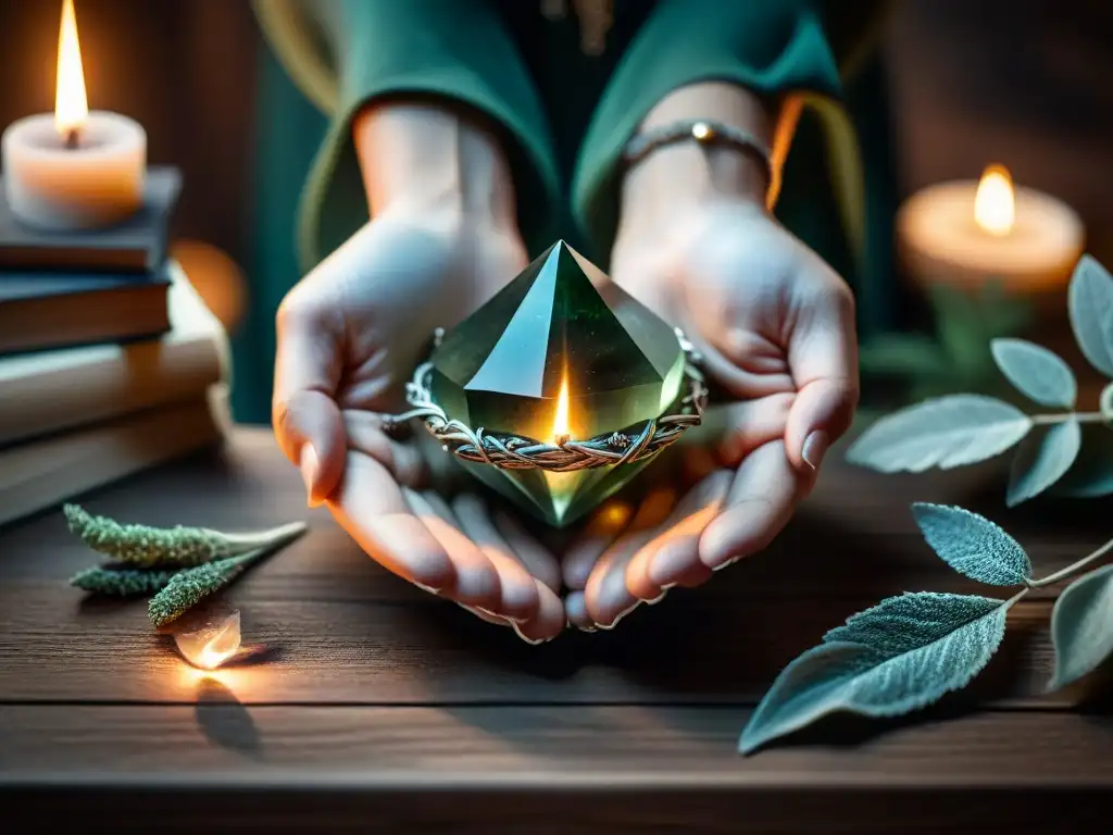 Péndulo de cristal y salvia: conexión mística Un par de manos sostienen con delicadeza un péndulo sobre un manojo de salvia humeante, creando una escena mística