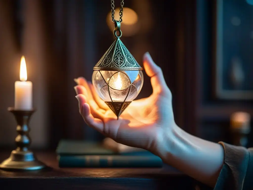 Mano ancestral sostiene péndulo enigmático Un péndulo de adivinación exquisito en mano, rodeado de energía mística y símbolos, en una habitación iluminada por velas