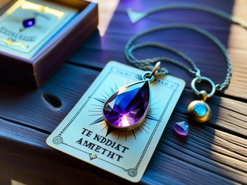 Péndulo de plata con amatista en mesa de madera Un péndulo plateado con amatista en punta, sobre mesa de madera con cartas de tarot, reloj y mapa de estrellas